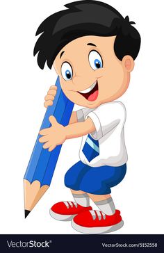 a boy holding a giant pencil in his hand