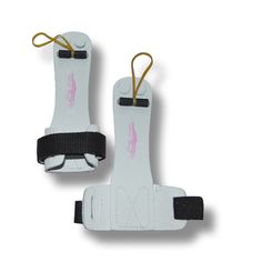 two white gloves with black straps and pink logo on them, one in the shape of a horse