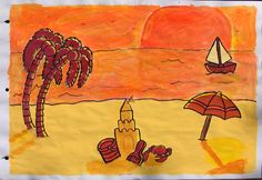 a drawing of a beach scene with palm trees and a sailboat on the water