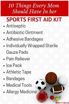 an ad for sports first aid kit with balls and basketballs on the bottom right hand corner