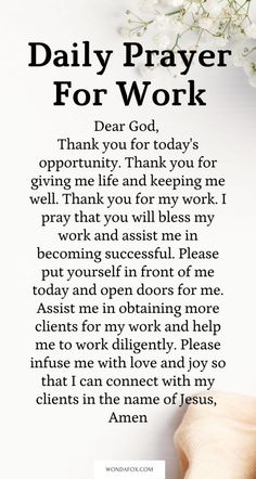 a prayer card with the words, daily prayer for work