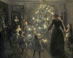 a painting of people standing around a christmas tree with the lights on in an old - fashioned room