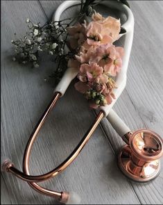 a stethoscope with flowers on it next to a small potted plant