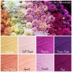 different colors of yarn and flowers with the words, soft peach, pink, orange, purple