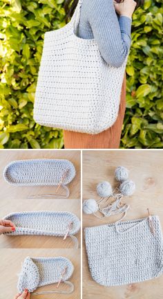 the crocheted purse is being made with yarn