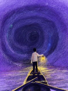 a drawing of a person standing on a boat in the water with a light at the end