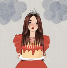 a woman holding a cake with candles on it and wearing a tiara over her head