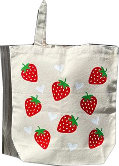 Casual Tote Bag For Valentine's Day, Cute Strawberry Print Tote Bag, Casual Strawberry Print Rectangular Bag, Casual Rectangular Strawberry Print Bags, Casual Rectangular Bag With Strawberry Print, Heart-shaped Summer Bags For Everyday Use, Cute Strawberry Print Bags For Everyday Use, Trendy Rectangular Bag With Strawberry Print, Cute Reusable Tote Bag