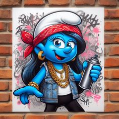 an image of a cartoon character painted on a brick wall with graffiti in the background