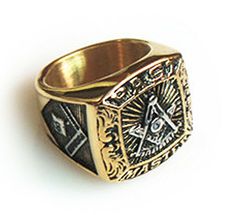 Masonic Rings For Men. New Without Tags. Top Quality Stainless Steel Masonic Past Master Ring With Gold Plated Band And Silver Tone Top And Side Icons. Detailed Design Enamel Carved With Past Master Text, Compass, Sun Freemasonry Icons. Mason Symbols, Freemason Ring, Masonic Jewelry, Masonic Ring, Mens Accessories Jewelry, Design Details, Silver Color, Gold Rings, Silver Tone