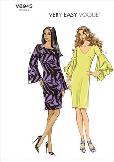 two women's dresses with bell sleeves, one in purple and the other in yellow