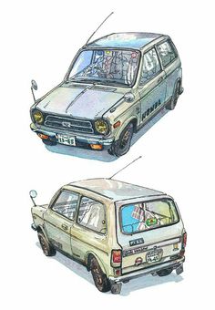 two drawings of an old station wagon