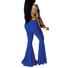 Blue Ruffled Hem Nightclub Flare Pants Blue Fitted High Waist Flares, Blue High-rise Fitted Flares, Chic Blue Full-length Flares, Luxury Blue Flare Pants, Blue Stretch Full-length Flares, Black Ruffle, Ruffle Hem, Flare Pants, Night Club