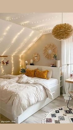 a bed room with a neatly made bed and lots of lights