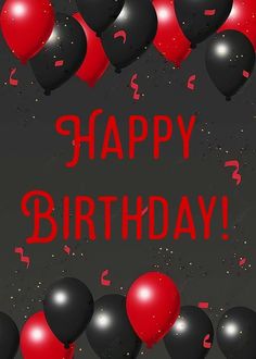 a birthday card with black and red balloons