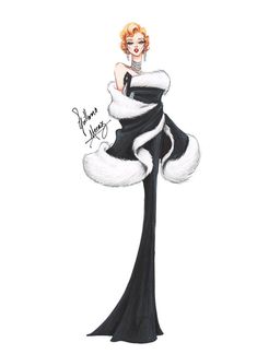 a drawing of a woman in a black and white dress with fur on her shoulders