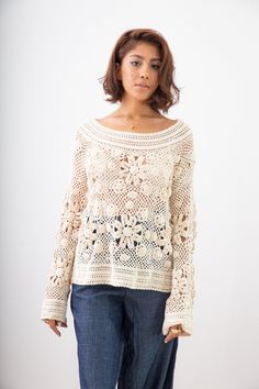 FLY TO THE MOON CROCHET TOP – Acambha Fall Cotton Crochet Top With Open Knit, Fall Open Knit Cotton Crochet Top, Cotton Crochet Top With Open Knit For Fall, Bohemian Open Knit Lace Tops, Handmade Bohemian Crochet Knit Top, Handmade Beige Crochet Top, Fall Bohemian Crochet Lace Blouse, Bohemian Crochet Lace Blouse For Fall, Bohemian Crochet Sweater For Summer