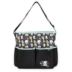 a black and blue bag with animals on it's side, hanging from the front