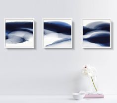 three abstract paintings hang on the wall next to a vase with white flowers in it