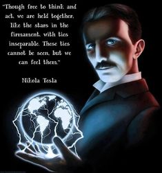 a man holding a glowing globe in his hand with the words nikola tesla on it