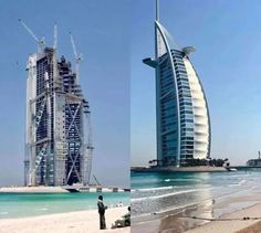 two pictures of the burj al arab hotel and beach