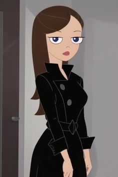 an animated woman in a black dress standing next to a door with her hands on her hips