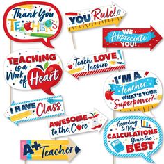 teacher appreciation photo booth props with speech bubbles and sayings for teachers day or any special occasion