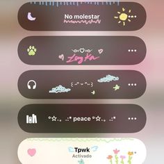 some stickers that are on the side of a cell phone screen with words and symbols