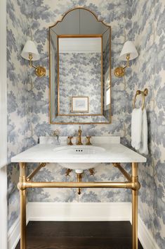 George Sconce in Brass | Brooke & Lou Timeless Bathroom Design, Small Half Bathroom, Greenwich House, Blue And White Wallpaper, Powder Room Wallpaper, Timeless Bathroom, Sandberg Wallpaper, Powder Room Design