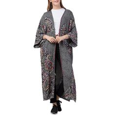 Raj Millie Thickstitch Embroidered Duster  Add depth and dimension to any look by adding this gorgeous embroidered duster. The dramatic length creates the perfect fit to complement any outfit. Long Floral Embroidered Outerwear For Fall, Long Outerwear With Chikankari Embroidery, Long Outerwear With Intricate Embroidery For Spring, Long Spring Outerwear With Intricate Embroidery, Spring Long Outerwear With Intricate Embroidery, Long Floral Embroidered Kimono For Spring, Embroidered Long Sleeve Spring Kimono, Spring Embroidered Long Sleeve Kimono, Long Embroidered Outerwear For Spring