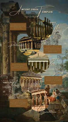 the ancient greek temples are depicted in this graphic art work, which includes pictures and text