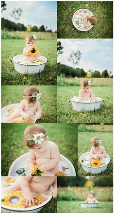 a baby sitting in a tub with sunflowers and daisies on it's head