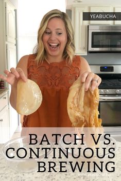 a woman is smiling and holding some bread in her hands, with the words batch vs continuous