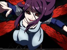 an anime character with purple hair and red wings on her head, posing for the camera