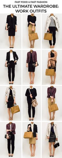 The Ultimate Capsule Wardrobe: Work Essentials - Fast Food & Fast Fashion | a personal style blog Várias looks peças. Listras. Trench coat. Saia lápis