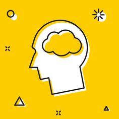 a yellow background with black and white lines on the side of a head that has a cloud in it