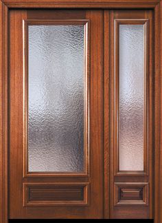 a wooden door with frosted glass on it