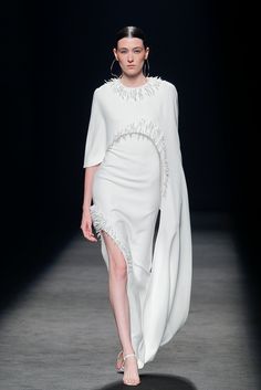 Sleeveless side slit dress featuring asymmetric cape - HerTrove Asymmetrical Cape, Isabel Sanchis, 2022 Fashion Show, White Fitted Dress, Dress Name, Women Dresses Classy, Spring Summer 2022, 2022 Fashion, Cape Dress