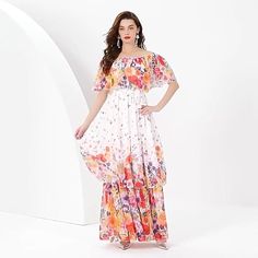 Multicolor Chiffon Floral Dress, White Tiered Floral Dress For Summer, White Tiered Floral Summer Dress, White Tiered Floral Dress For Spring, Orange Off-shoulder Maxi Dress For Summer, Multicolor Off-shoulder Floral Maxi Dress, Multicolor Off-shoulder Maxi Dress For Spring, Spring Multicolor Off-shoulder Maxi Dress, White Chiffon Tiered Maxi Dress