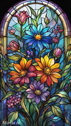 a stained glass window with flowers and leaves