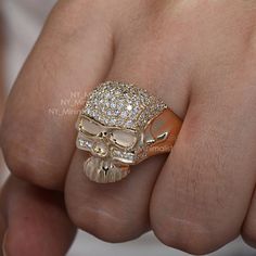 Solid 18K Yellow Gold Skull Ring in Genuine Pave SI clarity G-H Color Diamond Statement Skull Ring H Halloween Skull Shaped Gold Jewelry, Gold Rings With Diamond Eyes For Promise, Gold Promise Ring With Diamond Eyes, Gold Skull Ring Halloween Gift, Gold Skull Ring For Halloween Gift, Gold Rings With Diamond Eyes For Anniversary, Halloween Rings Jewelry, Halloween Engagement, Halloween Ring