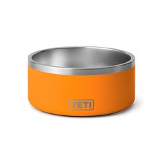 an orange dog bowl with the word yet on it's front and back side