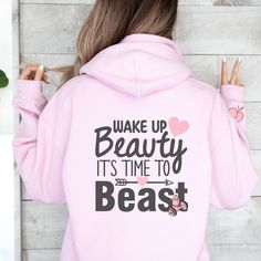 Wake up beauty, its time to beast hoodie, colorful funny cute sweatshirt, trendy vsco pinterest hoodie, gym cozy pullover, gildan aesthetic hoodie This cozy hooded sweatshirt, embodies calm and comfort. It is the ideal pick for any chilly day because it is made of a thick blend of polyester and cotton that feels warm, cozy, and fluffy. The large kangaroo pocket in the front adds everyday functionality, and the hood's drawstring matches the core colour for added style points.  The fabric composit Trendy Long Sleeve Sweatshirt For Gym, Cute Letter Print Hoodie For Loungewear, Trendy Cotton Sweatshirt For Workout, Stretch Hoodie With Letter Print For Loungewear, Trendy Cotton Workout Sweatshirt, Trendy Cotton Sweatshirt For Gym, Trendy Hooded Hoodie For Workout, Trendy Winter Workout Hoodie, Trendy Cotton Gym Sweatshirt