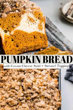 pumpkin bread with cream cheese swirl and crumb topping