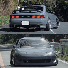 two pictures of the back and side of a silver sports car, one with red brake lights