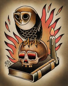 an owl sitting on top of a book with a candle