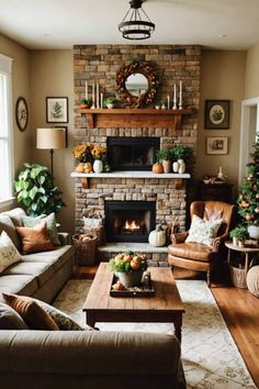 a living room filled with furniture and a fire place in the middle of it's wall