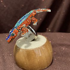 Brass Base, Rhodium Plated Alligator Ring. Red Orange And Blue Crystals (Over 80 Stones). Emerald Green Crystals Eyes. Movable Parts, Backplate. Size: Around 62mm Long. Condition: New With Tag. Alligator Jewelry, Alligator Ring, Elizabeth Jewelry, Crystal Eye, Green Crystals, Blue Crystals, Womens Jewelry Rings, Blue Orange, Alligator