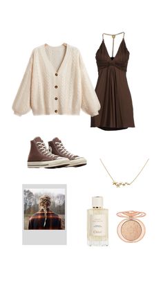 a woman's outfit and accessories including sneakers