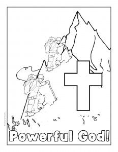 a coloring page with the words, powerful god and mountains in black and white ink